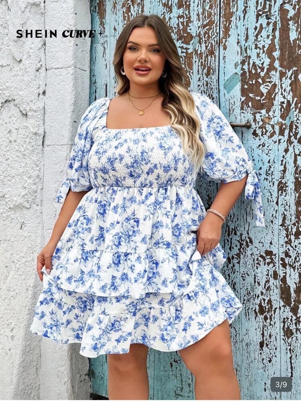 SHEIN Blue and White Floral Smocked Square-Neck Tiered Mini Dress